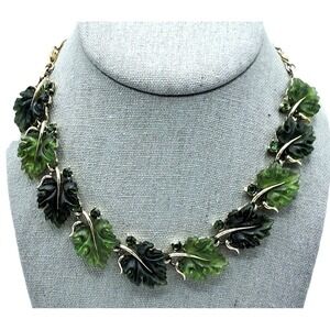 Vintage Lisner Rhinestone Lucite Necklace Green Molded‎ Leaves Jewelry